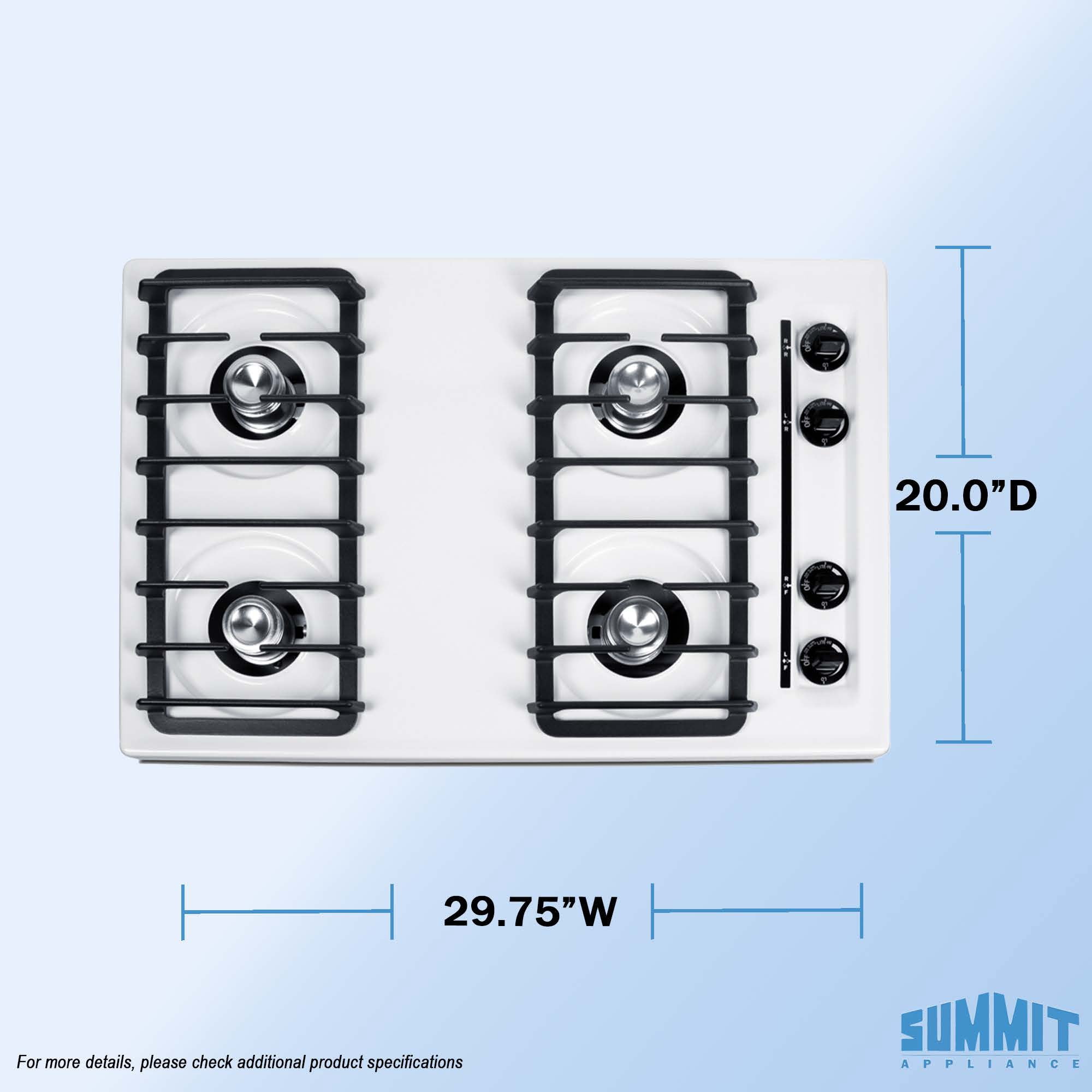 Summit 30" Gas Cooktop, 4-Burner, Electric Ignition, 115V, White - WNL053I