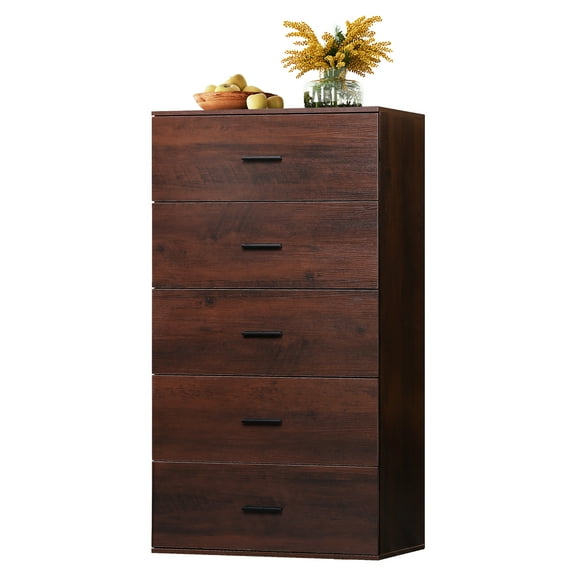 GALAXHERO 5 Drawers Dresser, Chest of Drawers for Bedroom, Tall Wood Storage Cabinet with Metal Handle for Living Room, Closet, Hallway, Brown