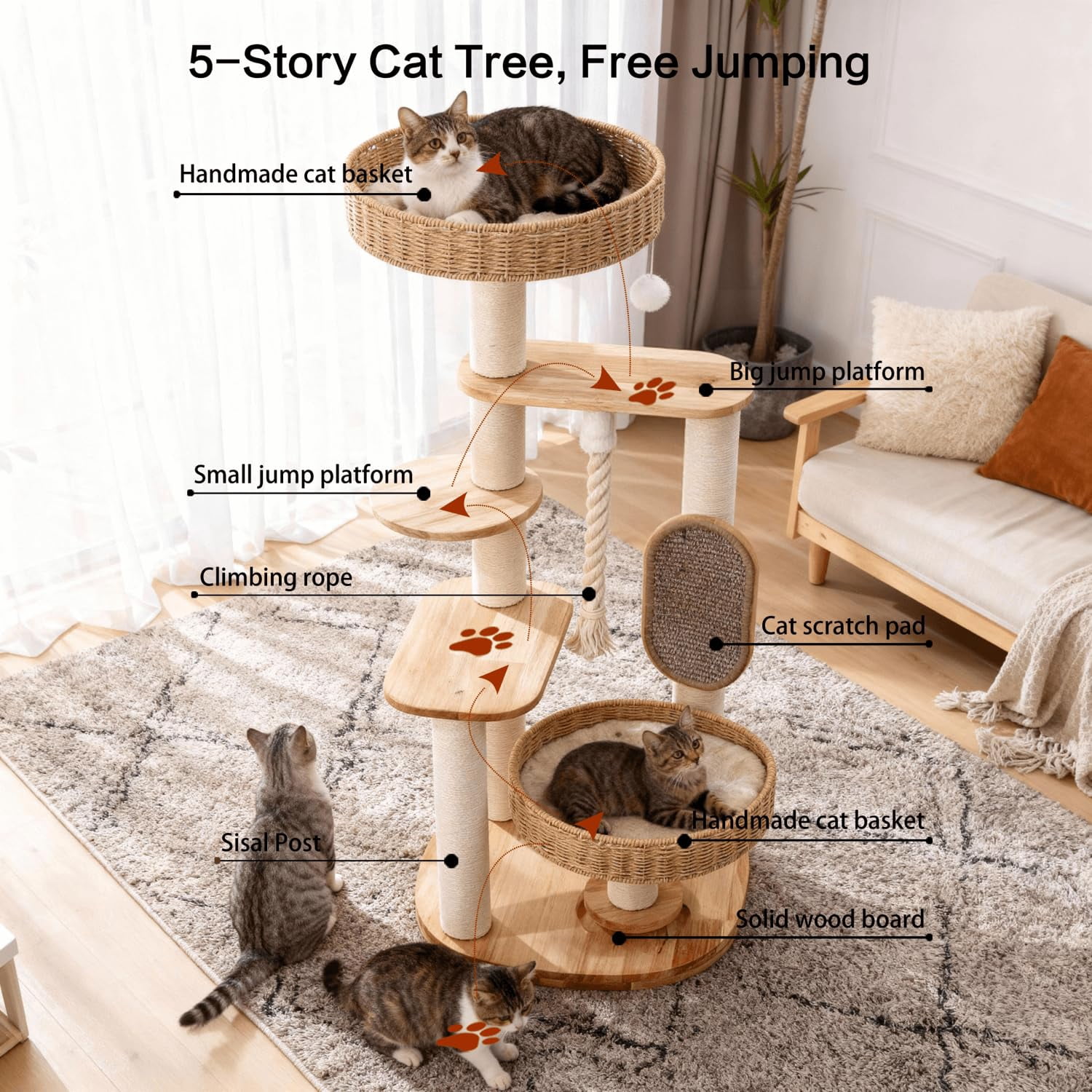 Wooden Cat Tree For Large  Tall Tower With Indoor Cats Multi-level Condo Hand-woven Bed And Board Easy To Clean (48in)