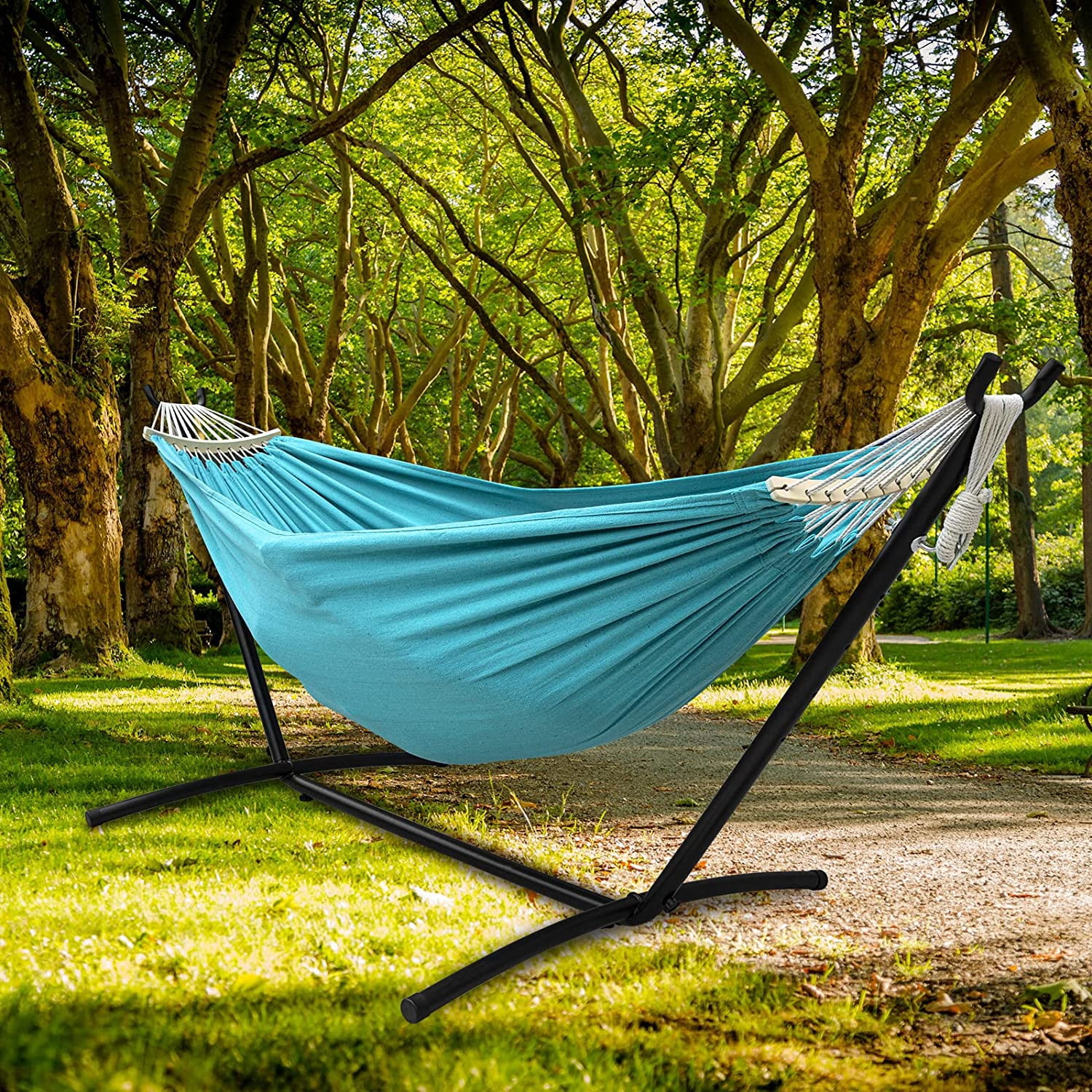 SZHLUX Double Hammock with Stand Included 450lb Capacity Steel Stand, Premium Carry Bag Included.Indoor Outdoor Brazilian-Style Cotton Bed for Backyard, Camping,Garden