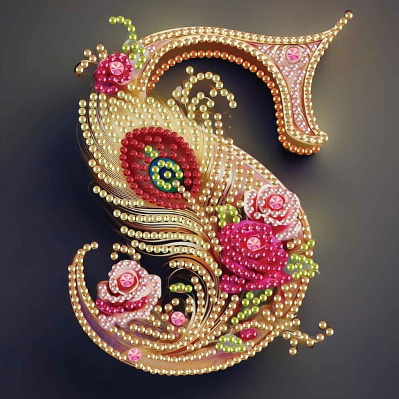 Diamond Painting Kit, Feather Rose Letter S Special Design Creative Diamond Painting, Suitable for Home Decor and Gifts 6.69 x 6.69in