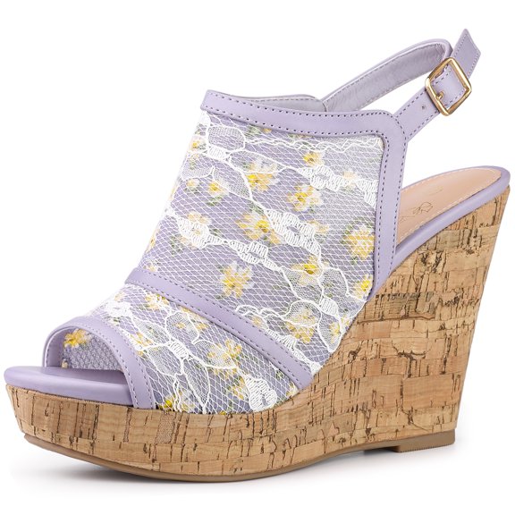 Unique Bargains Women's Lace Platform Heel Slingback Wedges Sandals