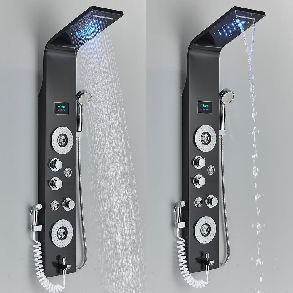 Black LED Shower Panel Tower Rain Shower System Massage Body Jets Faucet Mixer
