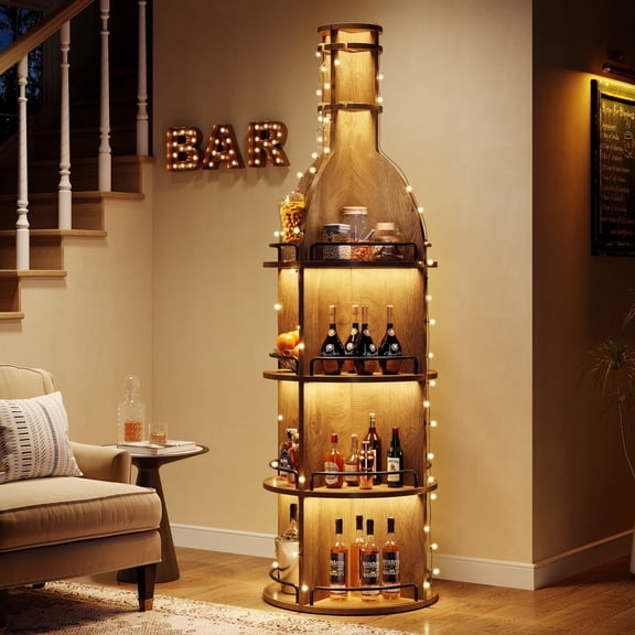 Finmind Wine Rack with Storage Shelves, 75-Inch Tall Industrial Round Wine Cabinet with Hanging Goblet Holder, Freestanding Bar Liquor Bottle Display Shelf for Living Room, Basement, Rustic Brown