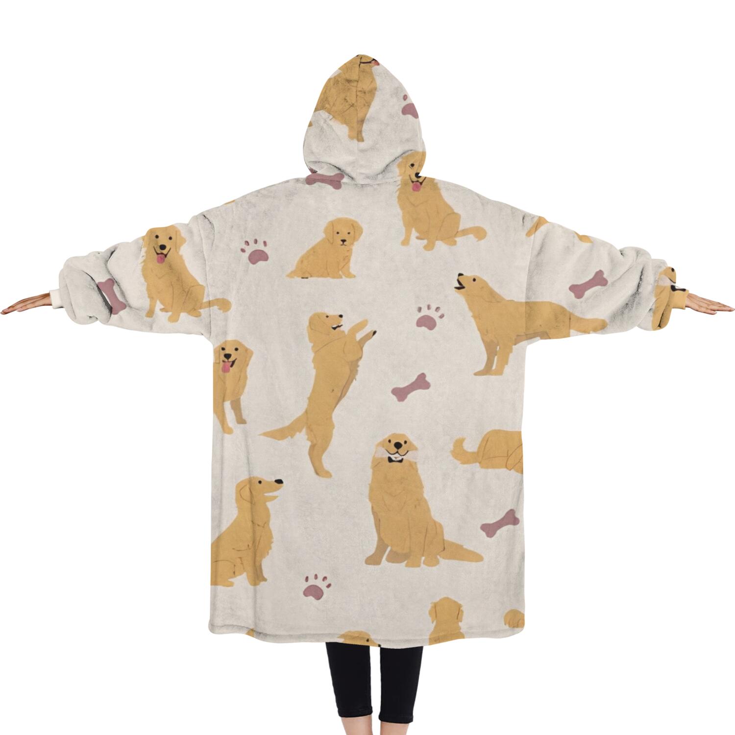 Oversized Wearable Blanket Hoodie,Golden Retriever with Bones and Paws Sherpa Blanket Hoodie with Super Pockets,Super Warm Fuzzy Pullover for Women & Men