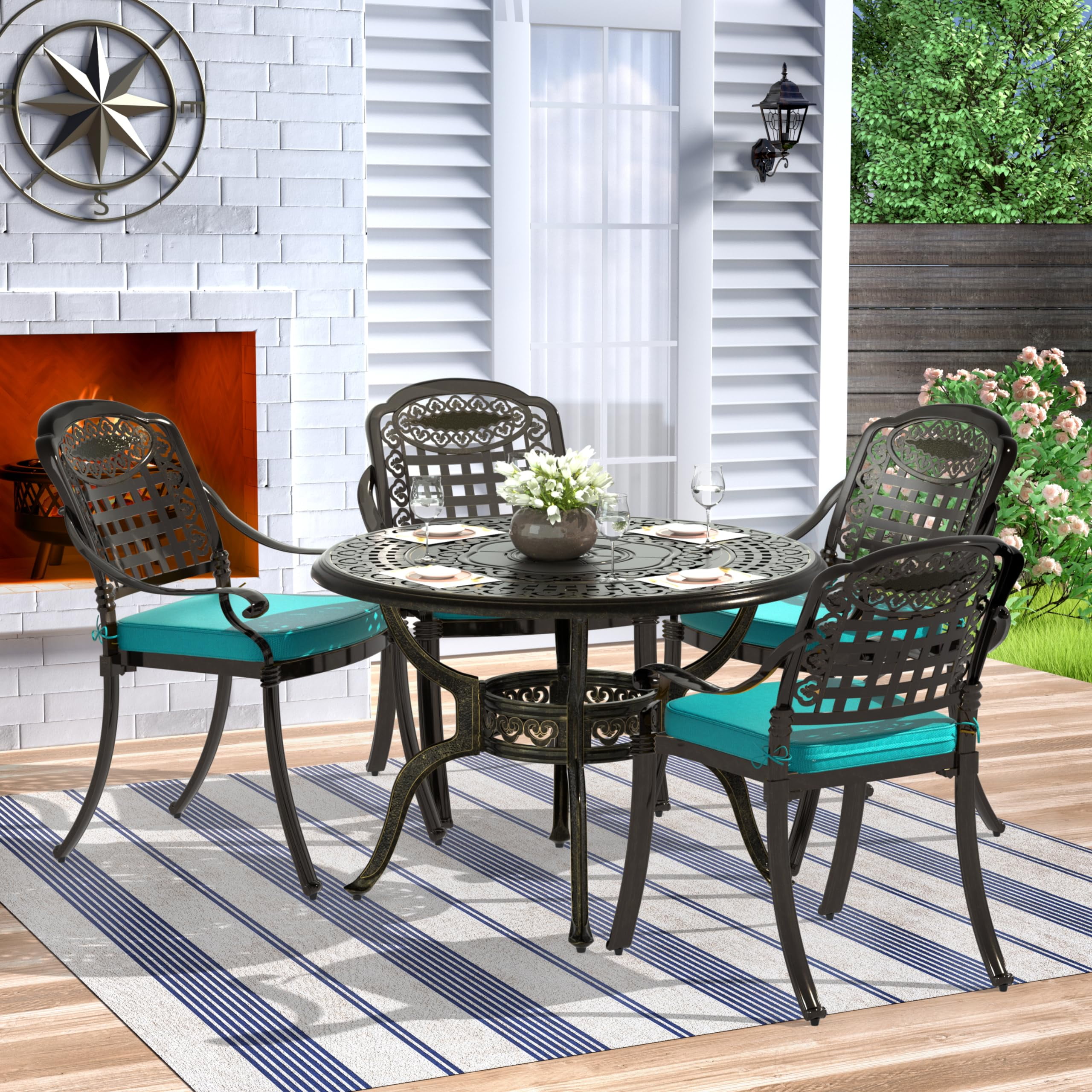 MEETWARM 5 Piece Patio Dining Set, Outdoor All-Weather Cast Aluminum Dining Table Set, Patio Furniture Set for Backyard Garden Deck, Include 4 Chairs, 4 Cushions and 1 Round Table, Ocean Blue