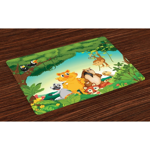 Zoo Placemats Set of 4 Forest Scene with Different Animals Habitat