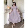 thumbnail image 6 of Lilac Purple Womens Square Neck Puff Sleeve Fit & Flare Midi Dress With 3D Floral Embellishment, 6 of 6