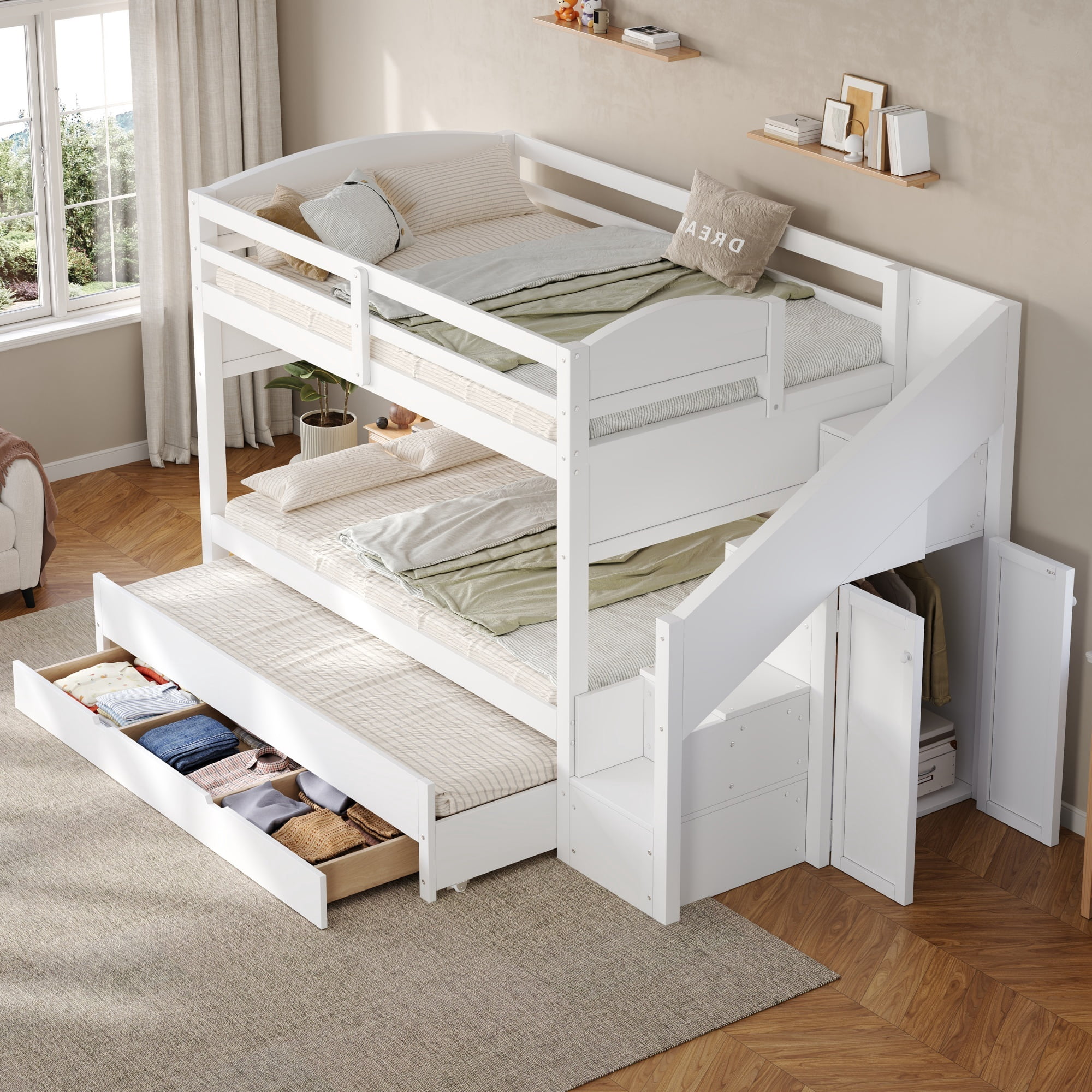 Euroco Wood Twin XL over Twin XL Bunk Bed with Trundle and Drawers,Storage Staircase and Wardrobe, White