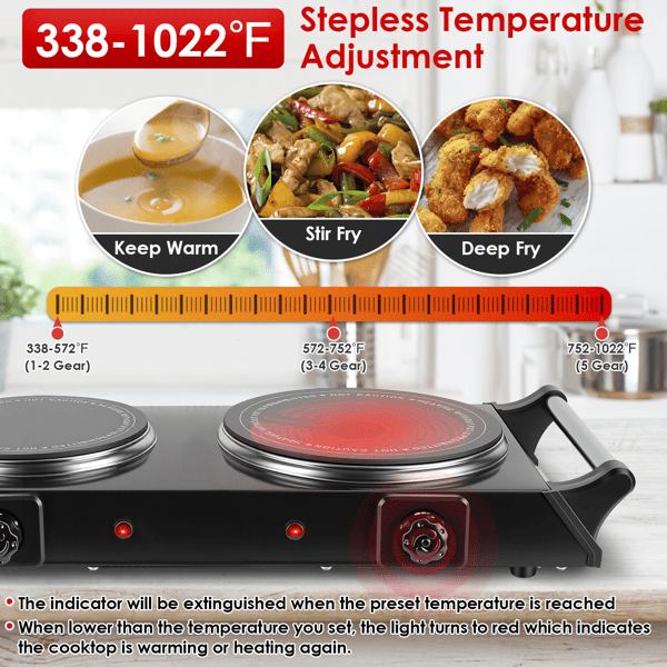 Olurrisa Dual Electric Hot Plate - 5-Second Quick Heating with 6.3&7.5in Glass Plates, Thermostat Control & Auto Shut-Off, 338-1022℉ Adjustable Temp for Camping/College/Small Kitchen
