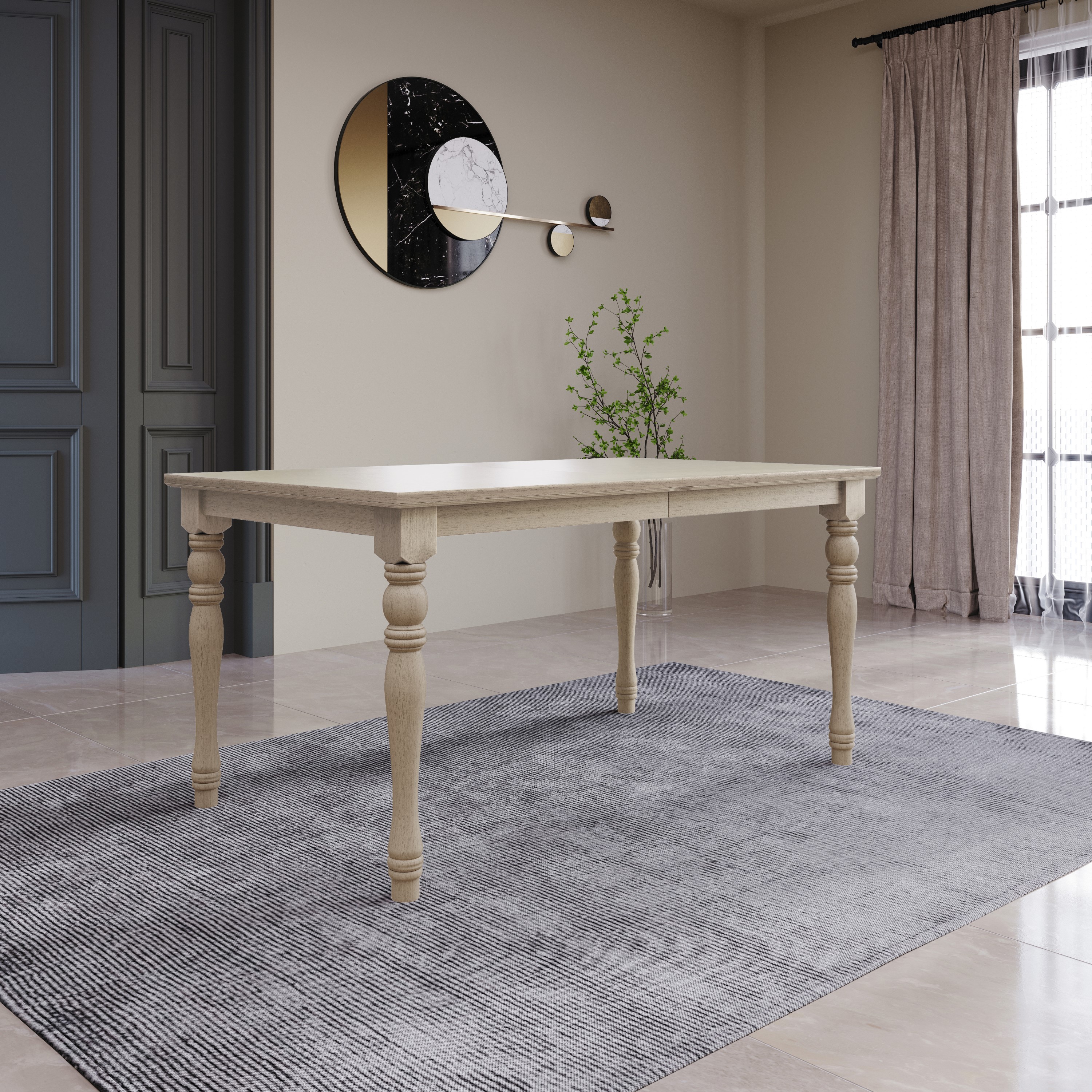 Home Design Mayfield Dining Table, Antique Gray, Rectangular top, Middle-divided design, Turned legs, Durable wood construction, Rustic-traditional style, Elegant and sturdy