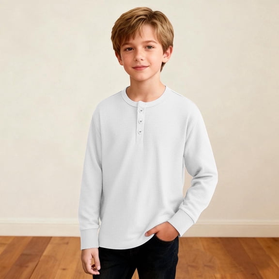 Boys Long Sleeve Henley Shirt, White Waffle Knit Top for Kids, Soft Casual Thermal Button Shirt Comfortable, Ribbed Cuffs,Size 9 T