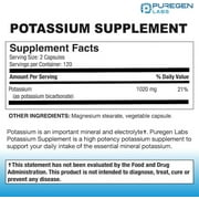 Puregen Labs Potassium Bicarbonate Supplement 1020mg Vegetarian Gluten-Free 240 Capsules