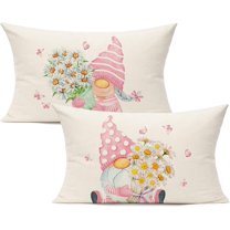 Pink Outdoor 12x20 Lumbar Throw Pillow Covers Set of 2 Spring Summer Decorative Cushion Cases Home Décor Decorations for Patio Couch Chair Sofa,Daisy Floral Gnomes