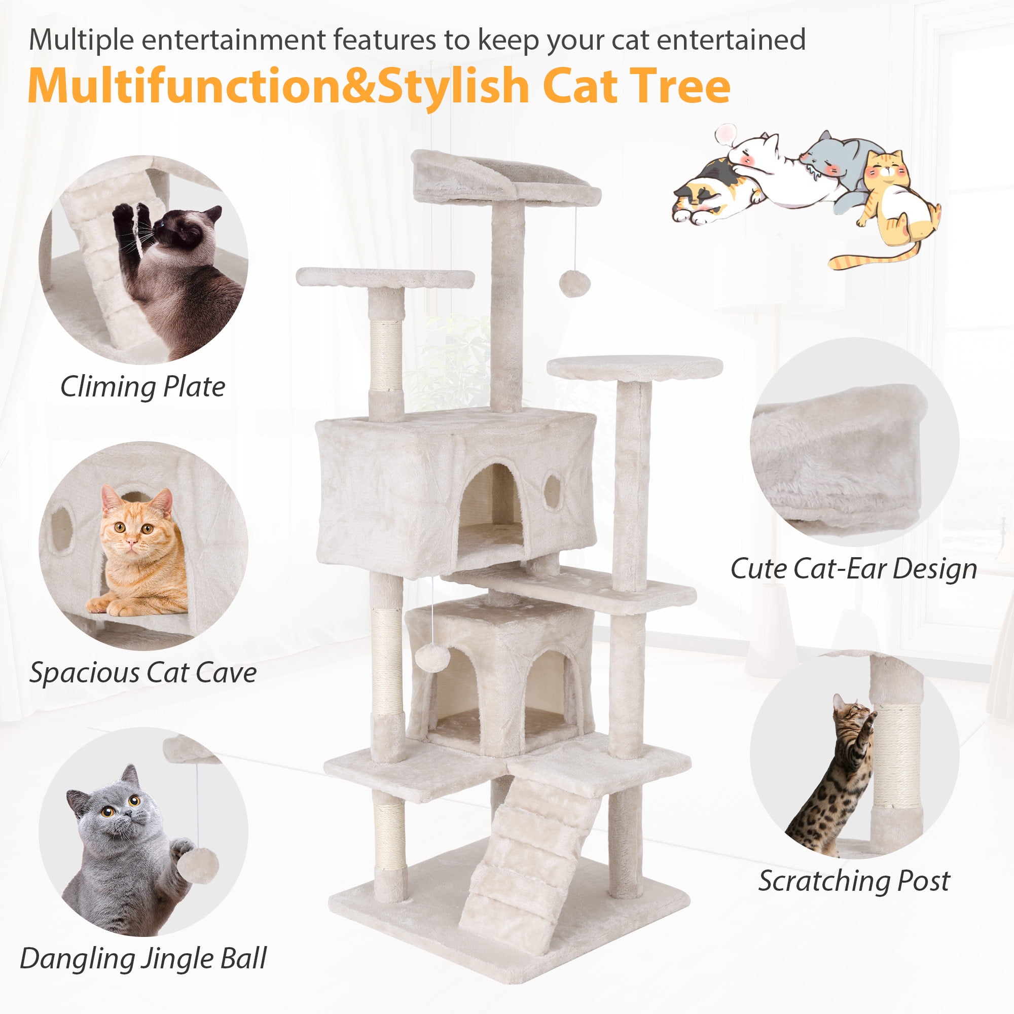 CL.HPAHKL Cat Tree Tower Tall for Indoor Cats, 54in Multi-Level Durable Cat Tower Cat Condo Scratch Post with Natural Sisal Rope Cat Stands for Cats Kitten, Beige