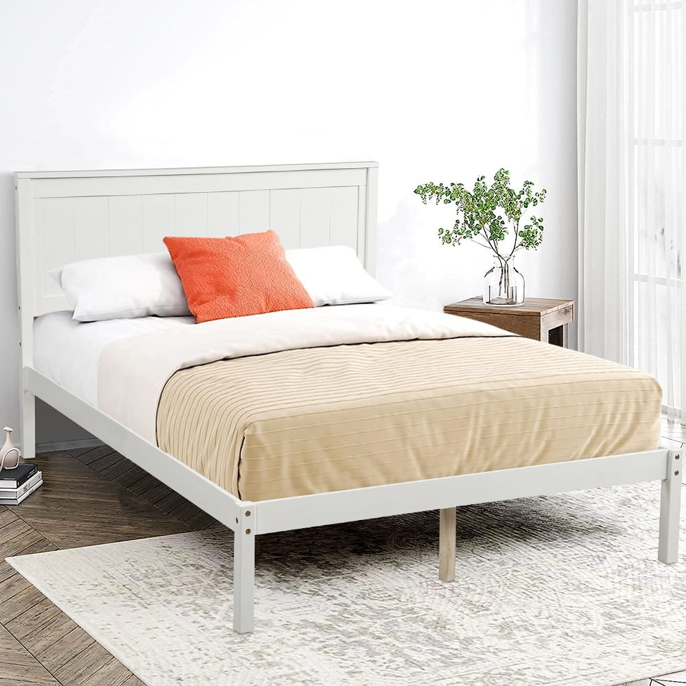 Full Platform Bed with Headboard, Premium White Wood Bed Frame, Modern