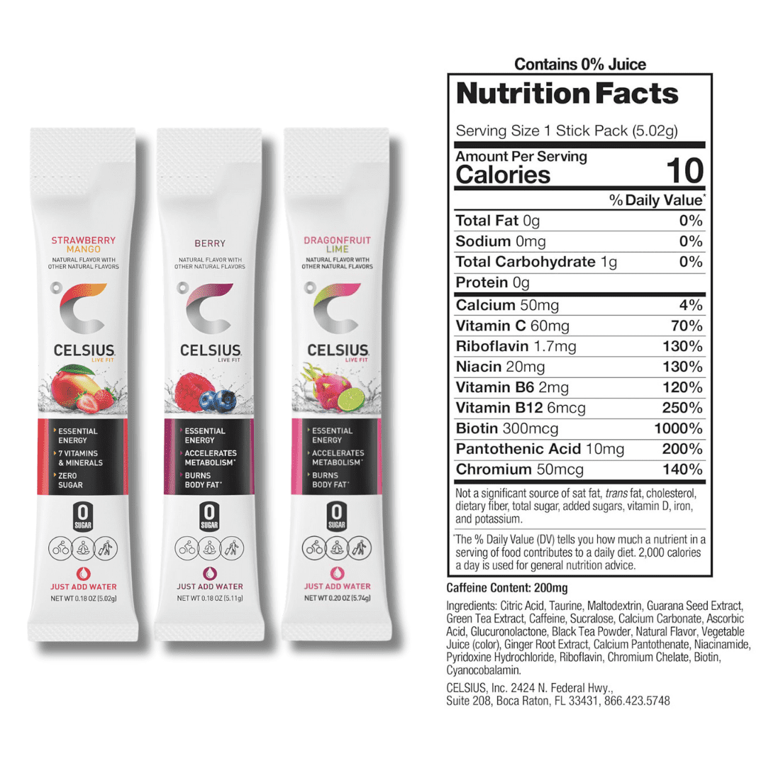 CELSIUS On The Go Energy Powder Sticks 30ct (Zero Sugar, 3 Flavors) + 4 MIM Mints