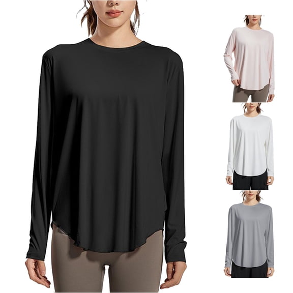 Trendfront Womens Athletic T Shirts Crewneck Long Sleeve Curved Hem Thumbhole Loose Fit Workout Running Yoga Fall Fashion Tee Tops