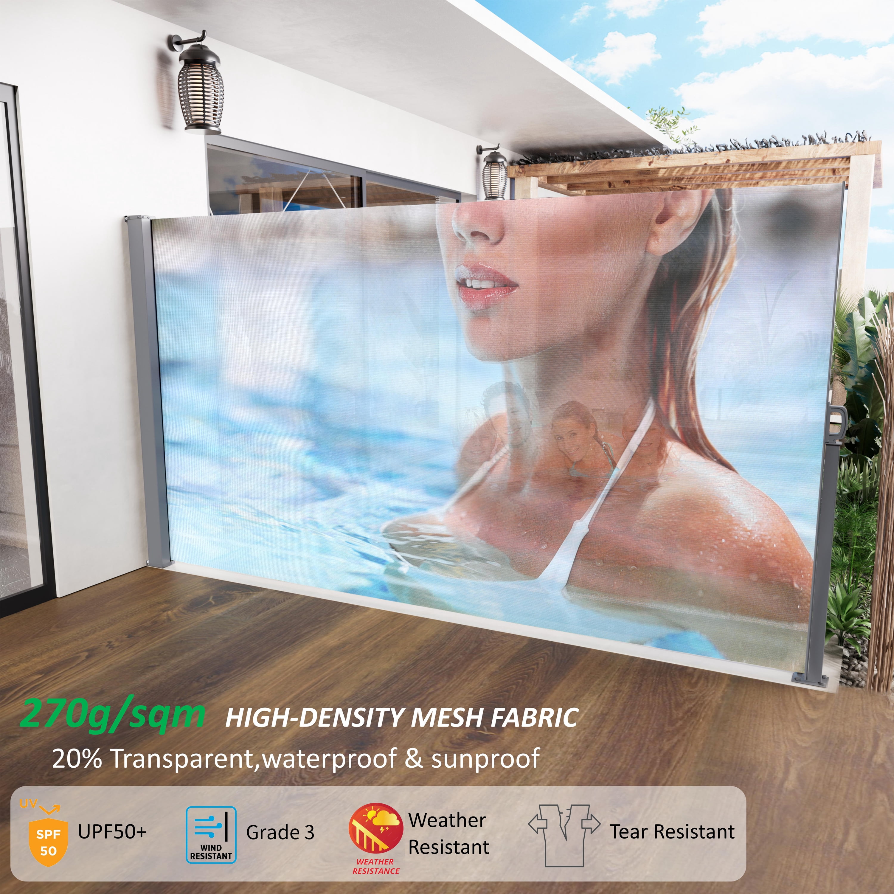 71"x138" Retractable Side Awning, Semi Transparent with UV Printing, UPF50+