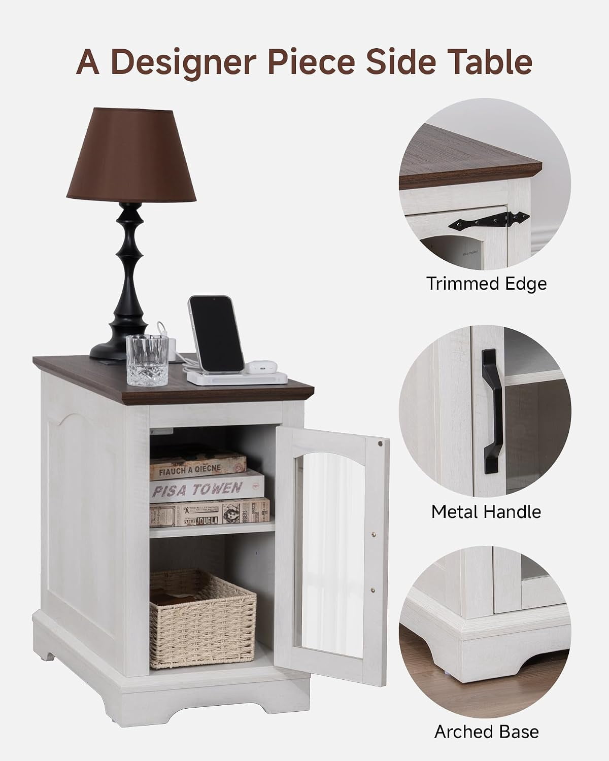 (4 pack) RTC GROUP Narrow Farmhouse End Table with Charging Station, Bedside Table with Storage Cabinet, 2 AC Outlets & 2 USB Ports, Side Table for Bedroom, Living Room, Couch or Sofa, White Oak