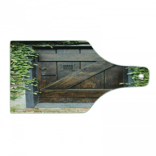 Rustic Cutting Board, Small Spanish Style Dark Stained Wood Door Secret Garden with Grated Window Picture, Tempered Glass Cutting and Serving Board, Wine Bottle Shape, Brown Green, by Ambesonne
