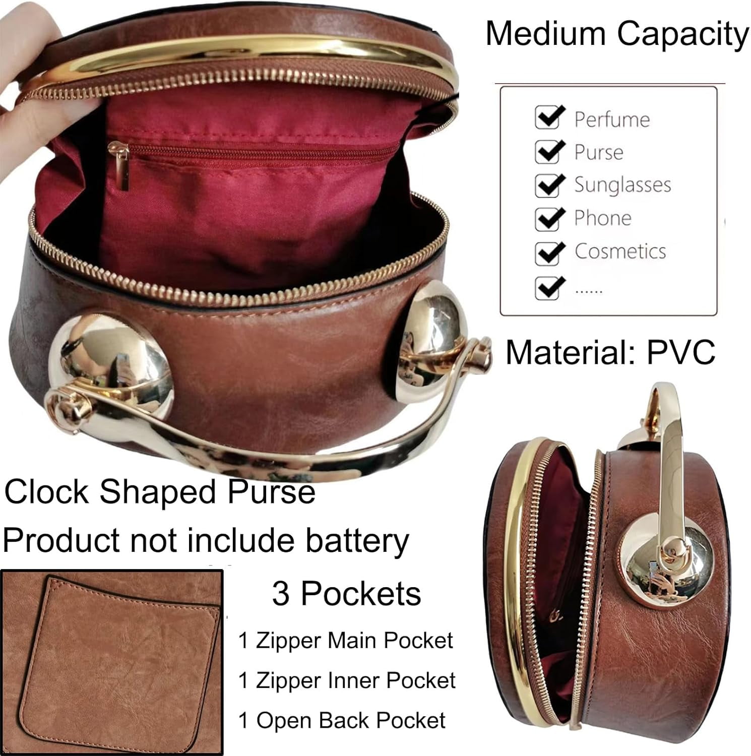 Baguery PVC Clock Shaped Crossbody Bag - Waterproof Adjustable Shoulder Purse for Women