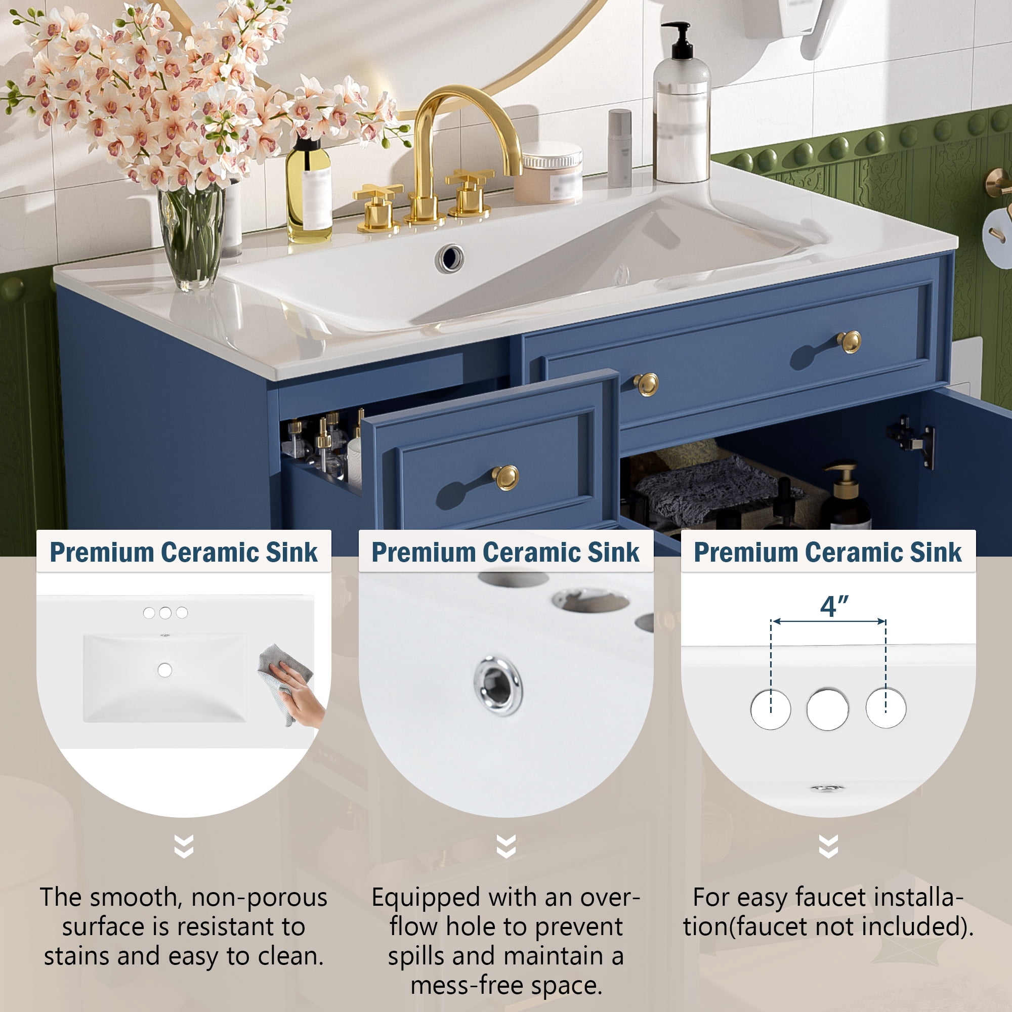 Euroco 36" Bathroom Vanity with Ceramic Sink, Standard and Double-Layer Drawers, Soft Close Doors, Adjustable Shelves, Modern Storage Cabinet for Small and Medium Bathrooms