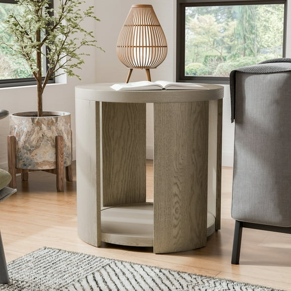 Furniture of America Cheri Modern 1-Shelf Solid Wood Round End Table, Oak