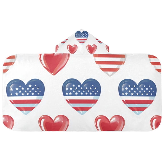 Independence Day Flag Pattern Hearts Kids' Hooded Towel Wrap Bath Towels Bath Cape Bathrobe Unisex 50" x 23.5"