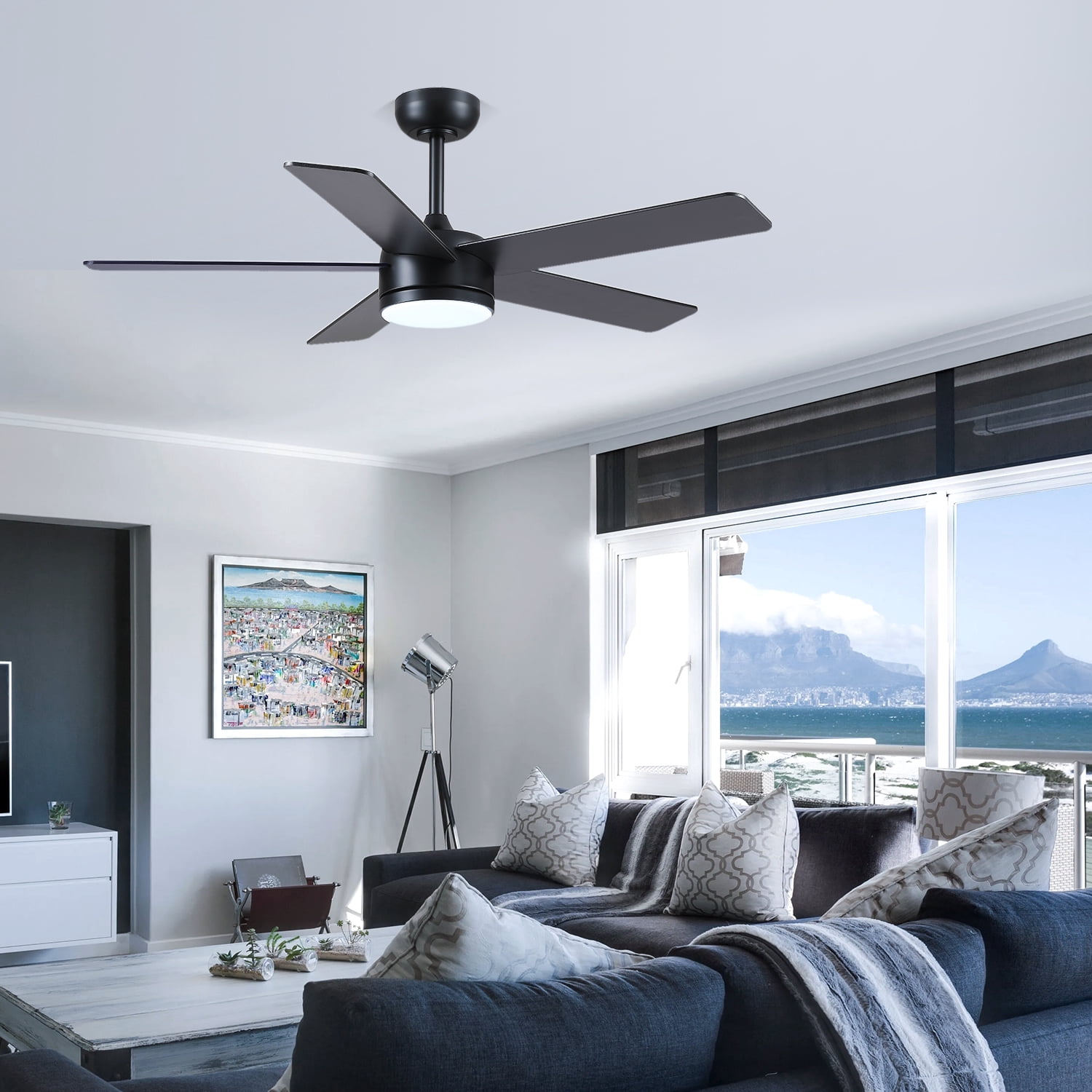 YIOSI 46" Black Ceiling Fan with Lights & Remote - Modern Low Profile, Reversible DC Motor, 5 Dual-Sided Blades, LED Light, APP/Remote Control, Quiet & Energy Efficient - Black