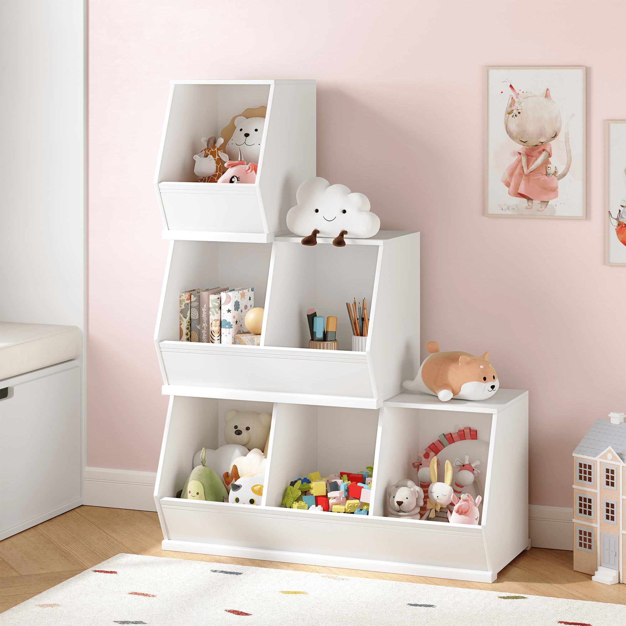 UTEX Toy Storage Organizer,Stackable Kids Toy Storage Cubby,Toy Boxes and Storage for Playroom,Bedroom,Nursery School,White