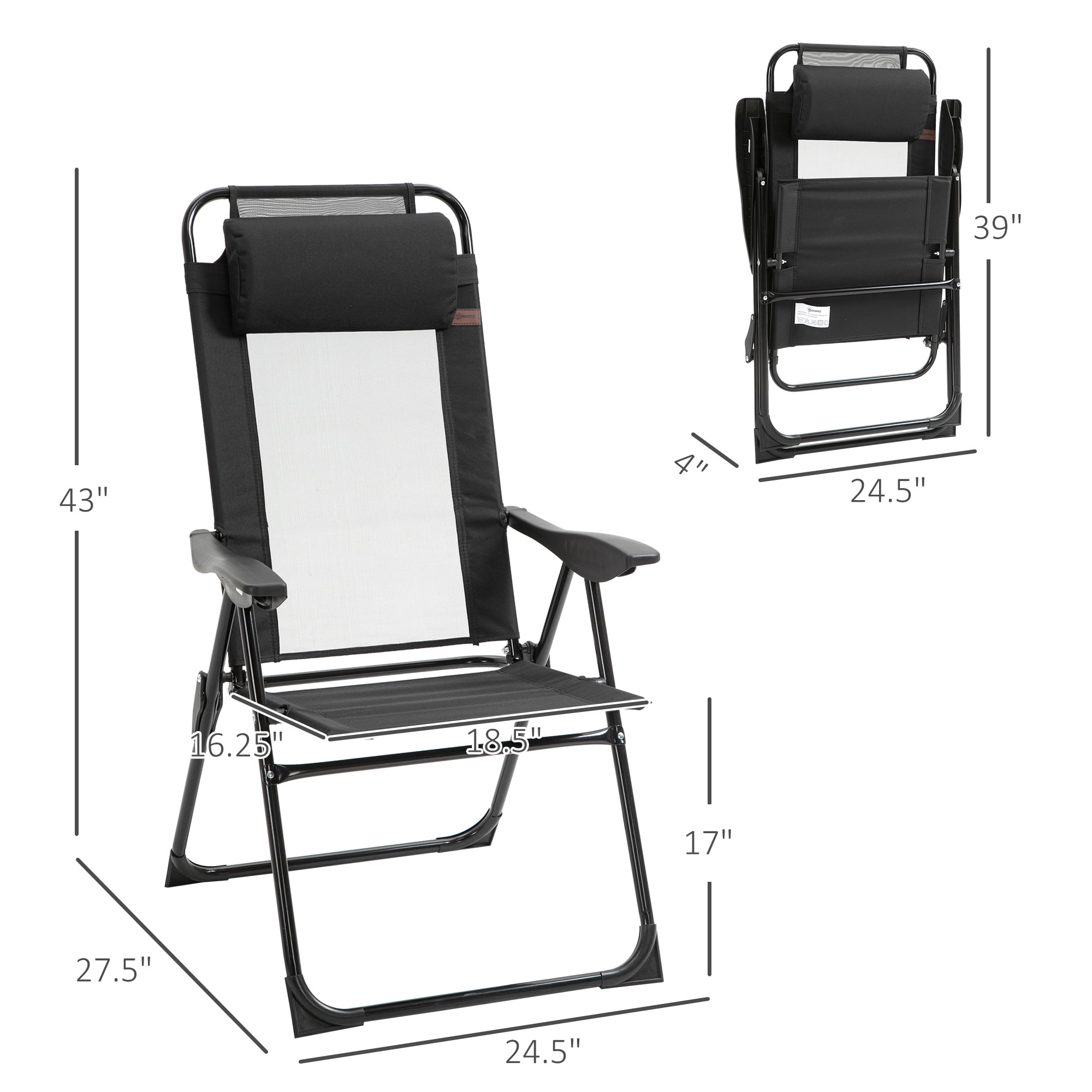 Folding Patio Chairs Set of 2, Outdoor Deck Chair with Adjustable Sling Back, Camping Chair with Removable Headrest for Garden, Backyard, Lawn, Black