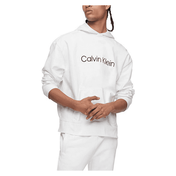 Calvin Klein Men's Relaxed Fit Logo French Terry Hoodie, Brilliant White, 2XL