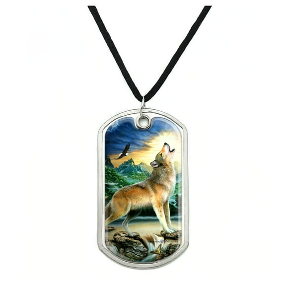 Howling Wolf Sunset Forest Butterflies Military Dog Tag Pendant Necklace with Cord