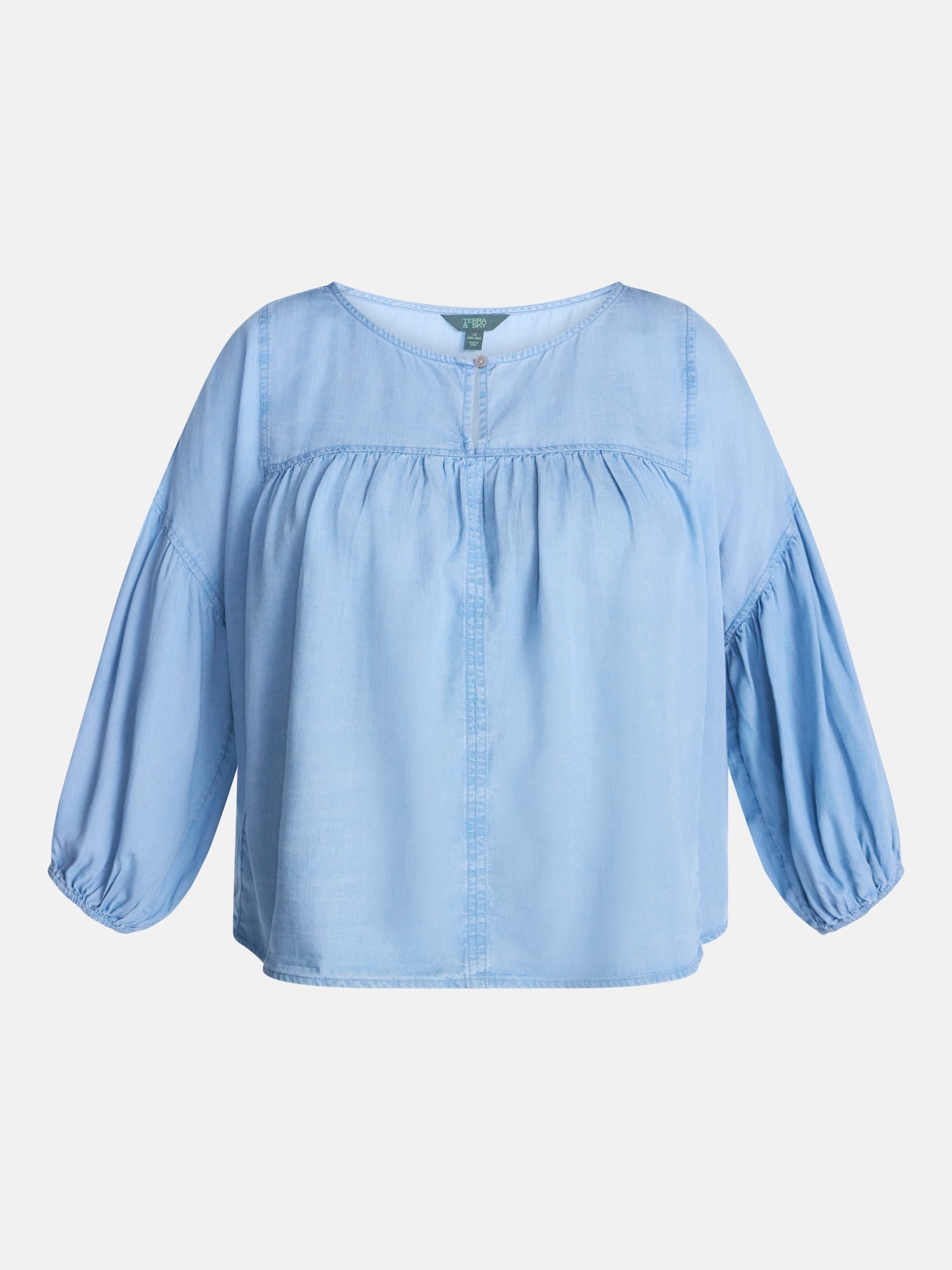 Terra & Sky Pleated Keyhole Front Blouse with Long Puff Sleeves, Sizes 0X-5X