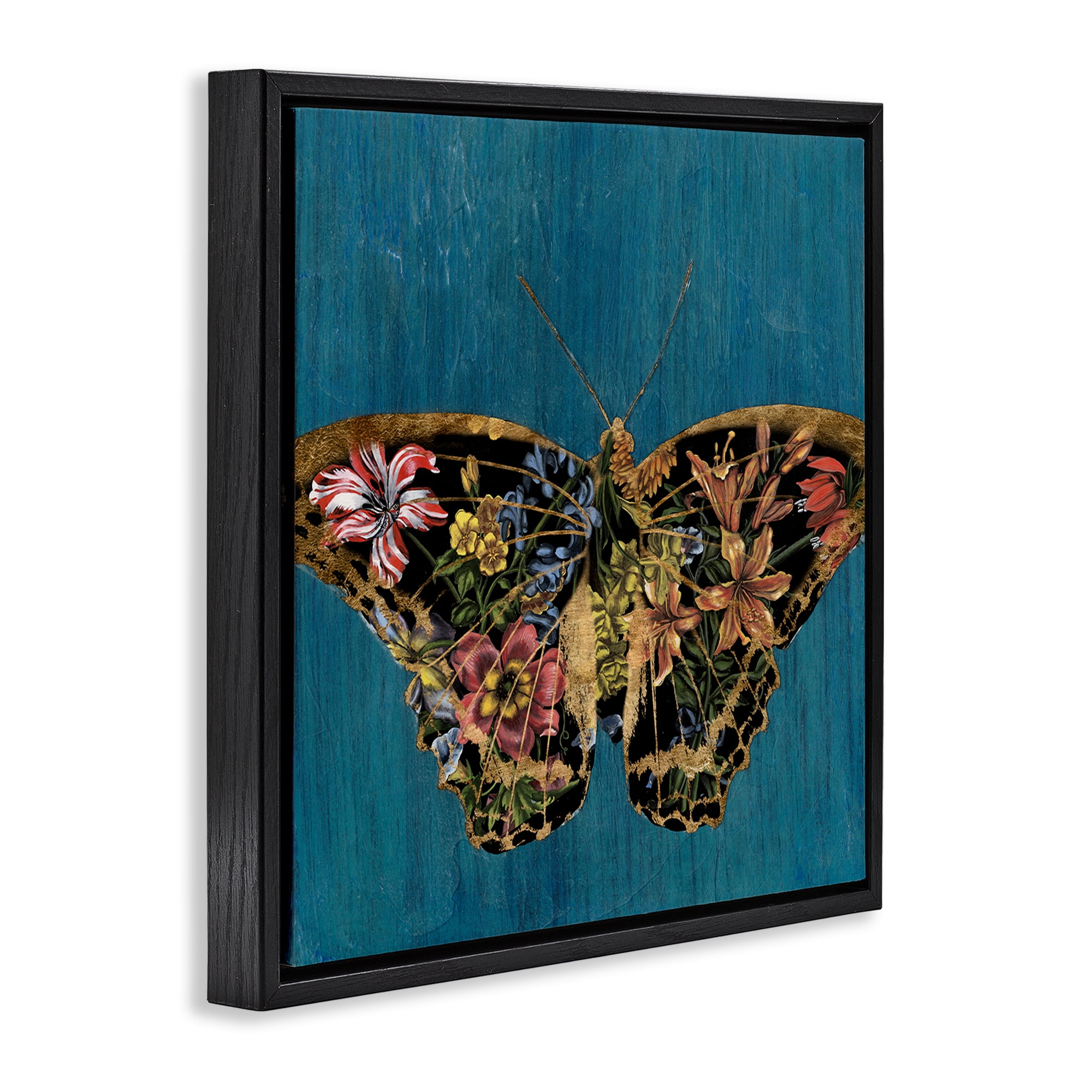 Stupell Industries Butterfly with Floral Wings Animals & Insects Painting Black Floater Framed Canvas Art Print Wall Art, 25 x 25