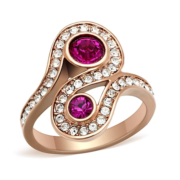 IP Rose Gold(Ion Plating) Brass Ring with Top Grade Crystal in Fuchsia for Women Style GL153