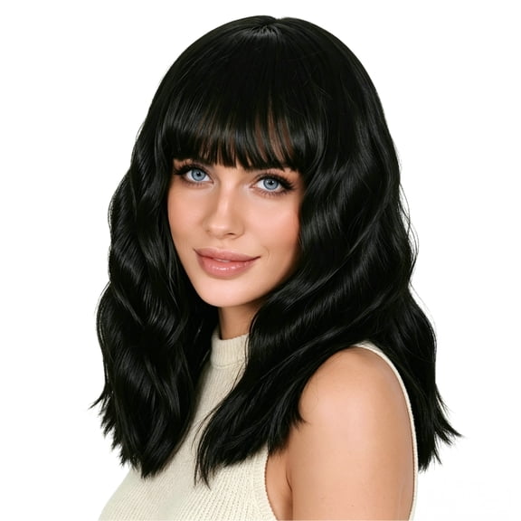 LOHXINHAIR Bob Wig Loose Wavy Shoulder Length Black Hair for Women