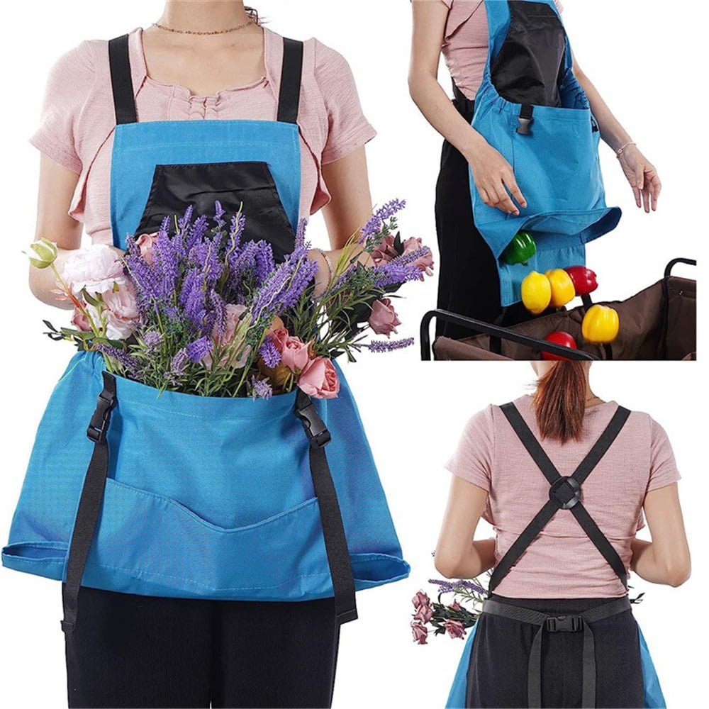 Berry&Bird Harvest Apron, Canvas Gardening Apron with Pockets and Harvesting Pouch Waterproof Harvesting Apron（blue）