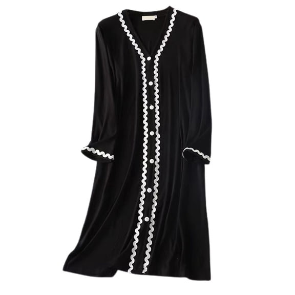 Defitshape Women's Long Sleeve Nightgown V Neck Loungewear Soft Summer Lightweight Modal Cozy Fall Nightshirt Black Large