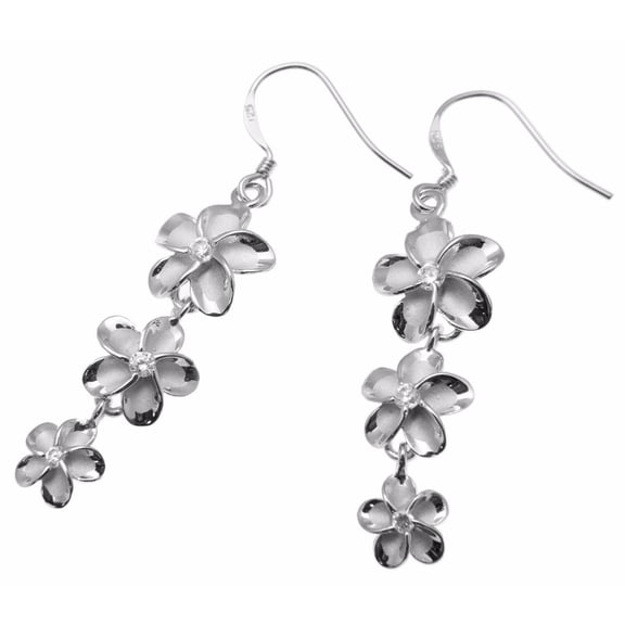 925 sterling silver Hawaiian 3 plumeria flower cz dangling wire hook rhodium plated earrings