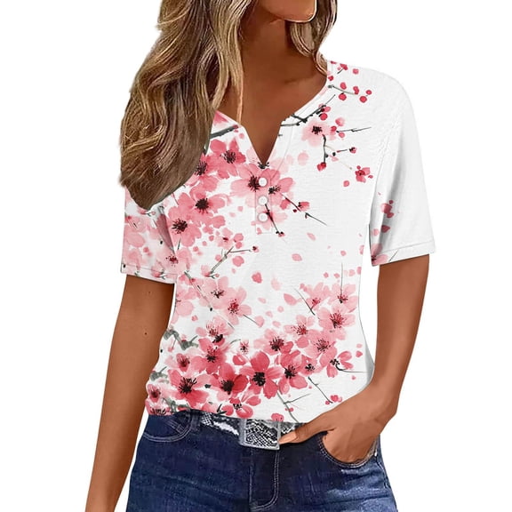 Staron Women's Casual Printed Button-Up Shirt Short Sleeve V Neck Loose Blouse Fashion Top, XXL