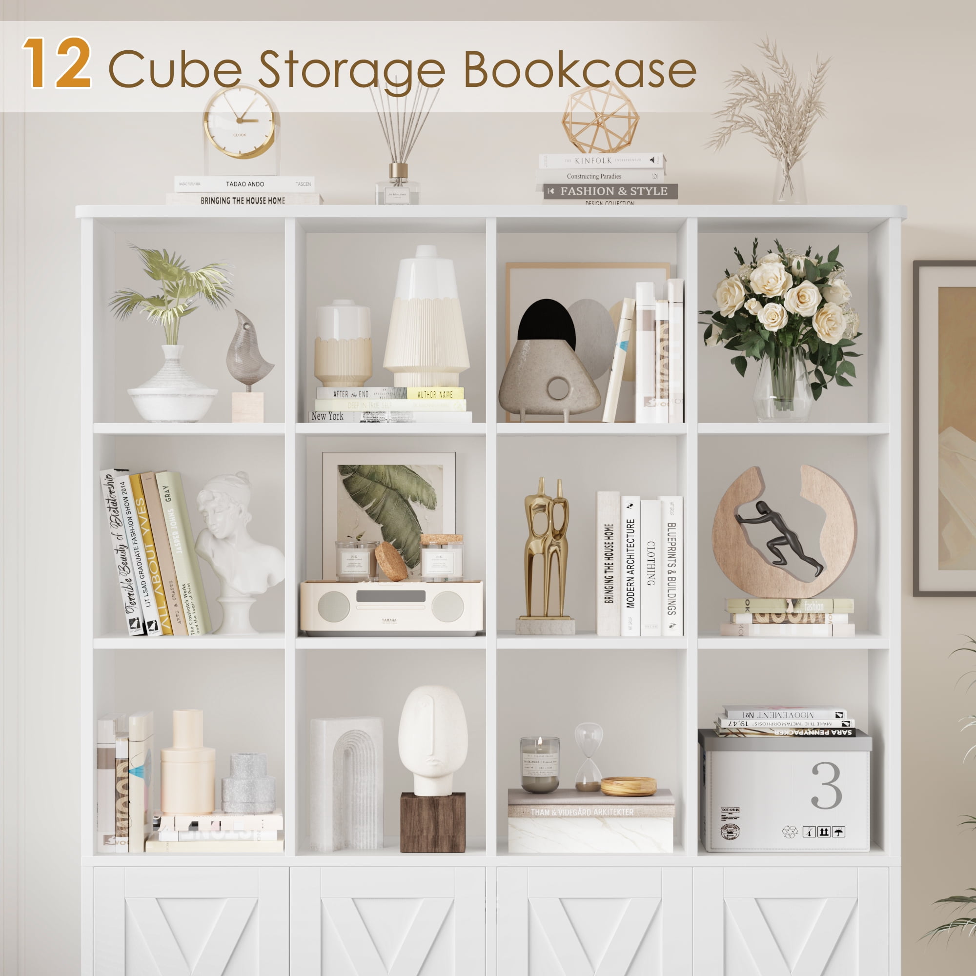 Homfa 12 Cube Double Wide Bookcase with Doors, 3 Tier Library Cabinet & Bookshelves for Home Office Living Room, White