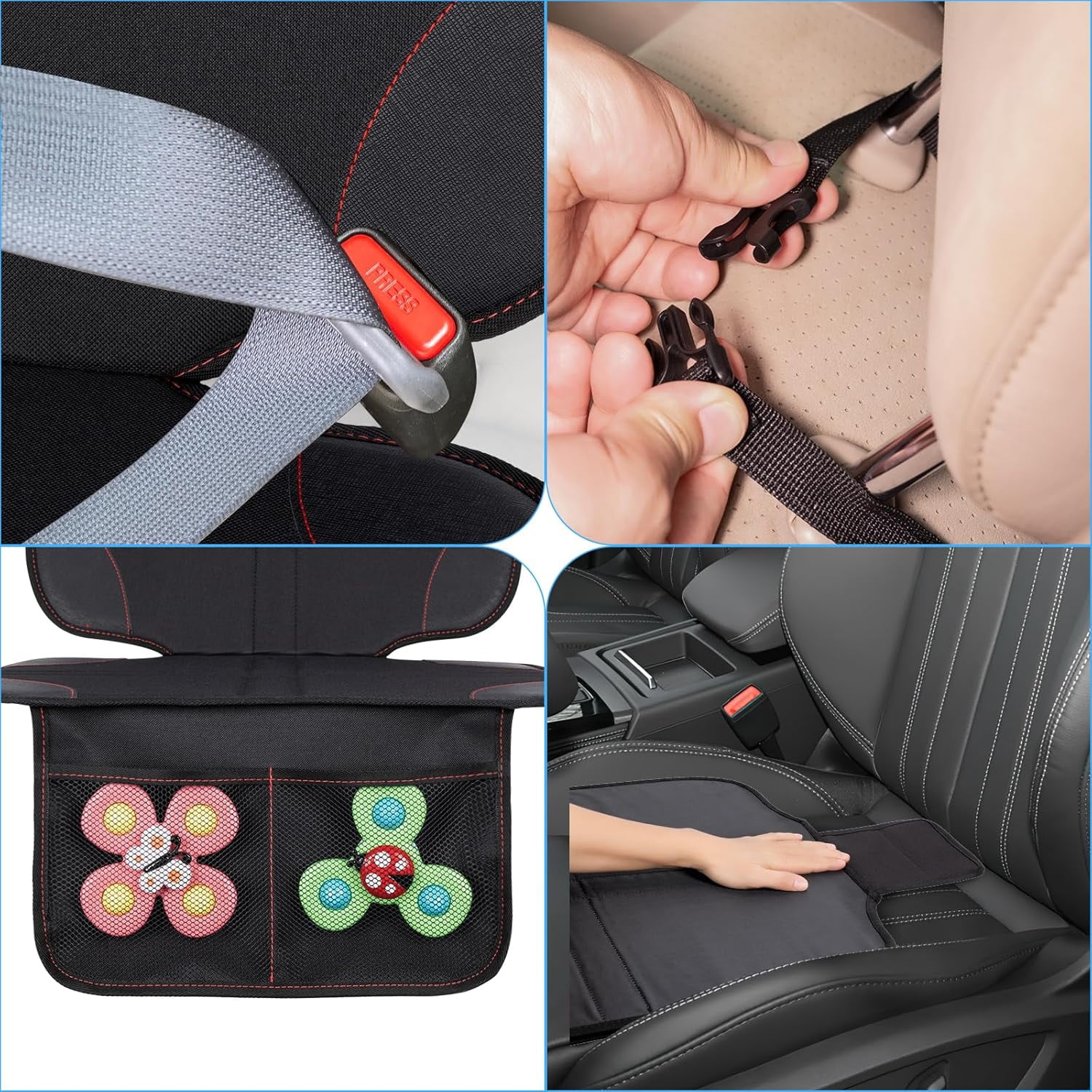 Car seat Protector, 2Pack Car Seat Protectors for Child car seat - Large Particle Silica Gel Non-Slip Base Material + Waterproof 600D Fabric + 2 Storage Pockets