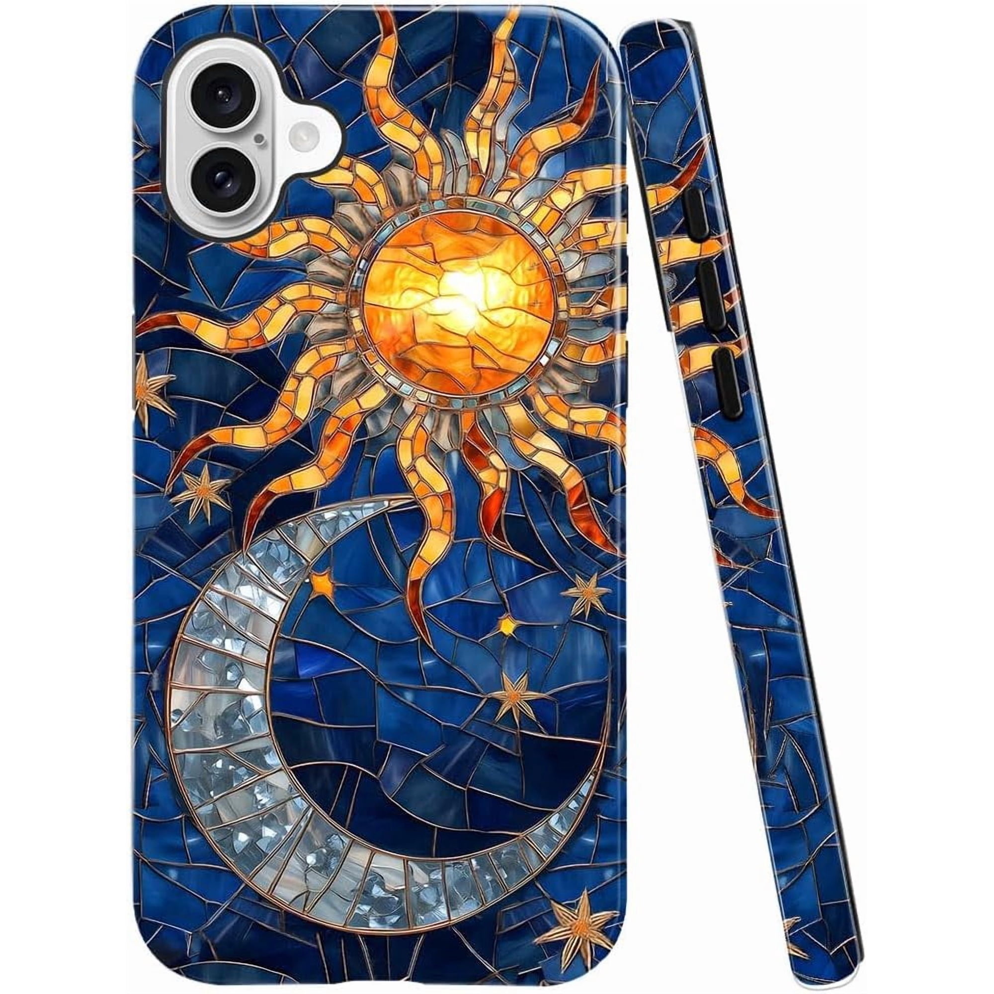 Case for iPhone 16 Plus - Slim Fit Anti-Scratch Phone Case for Girl Women - Celestial Sun Moon Star Blue Glass (Glossy)