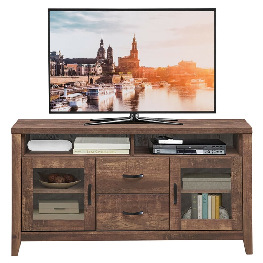 Finihen TV Stand, TV Cabinet, Wooden Retro TV Stand with Drawers and Tempered Glass Doors, Media Entertainment Center with Storage, for Living Room, Bedroom, Brown
