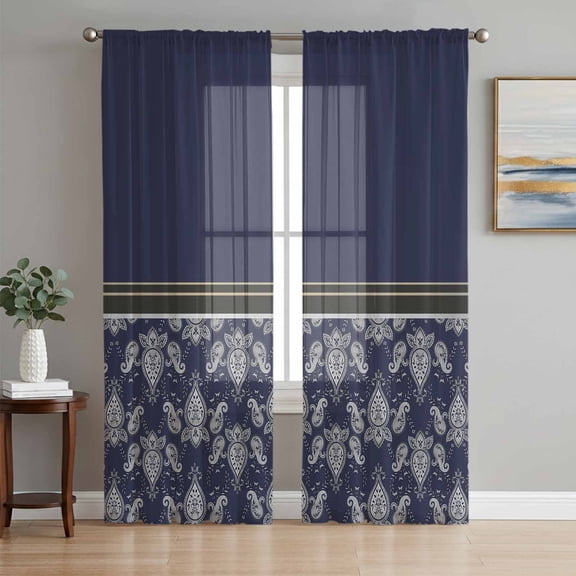 Boho Navy Blue Flower Sheer Curtains 96 Inch Length 2 Panels Set Window Treatments, Abstract Bohemia Pesley Floral Rod Pocket Semi Curtains for Living Room/Bedroom/Kitchen Décor, 104"W x 96"L