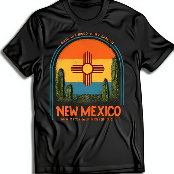 Vintage Black T-Shirt with New Mexico Sunset Graphic & Cacti Design