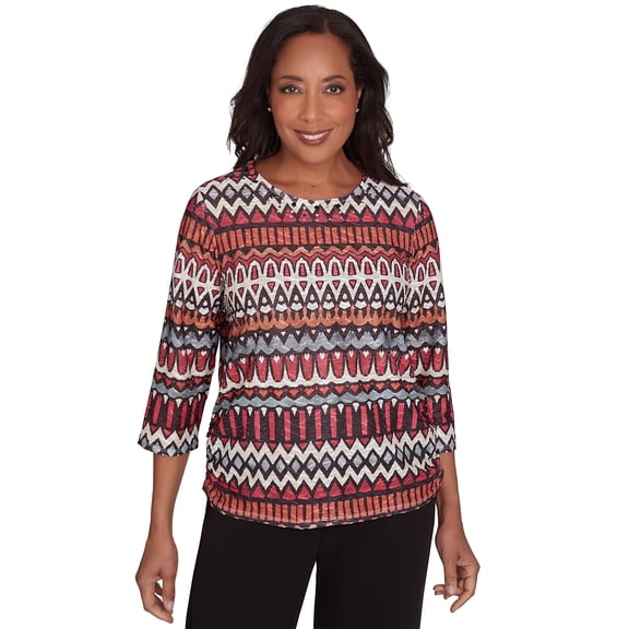 Alfred Dunner Womens Geometric Crew Neck Ruched Side Top