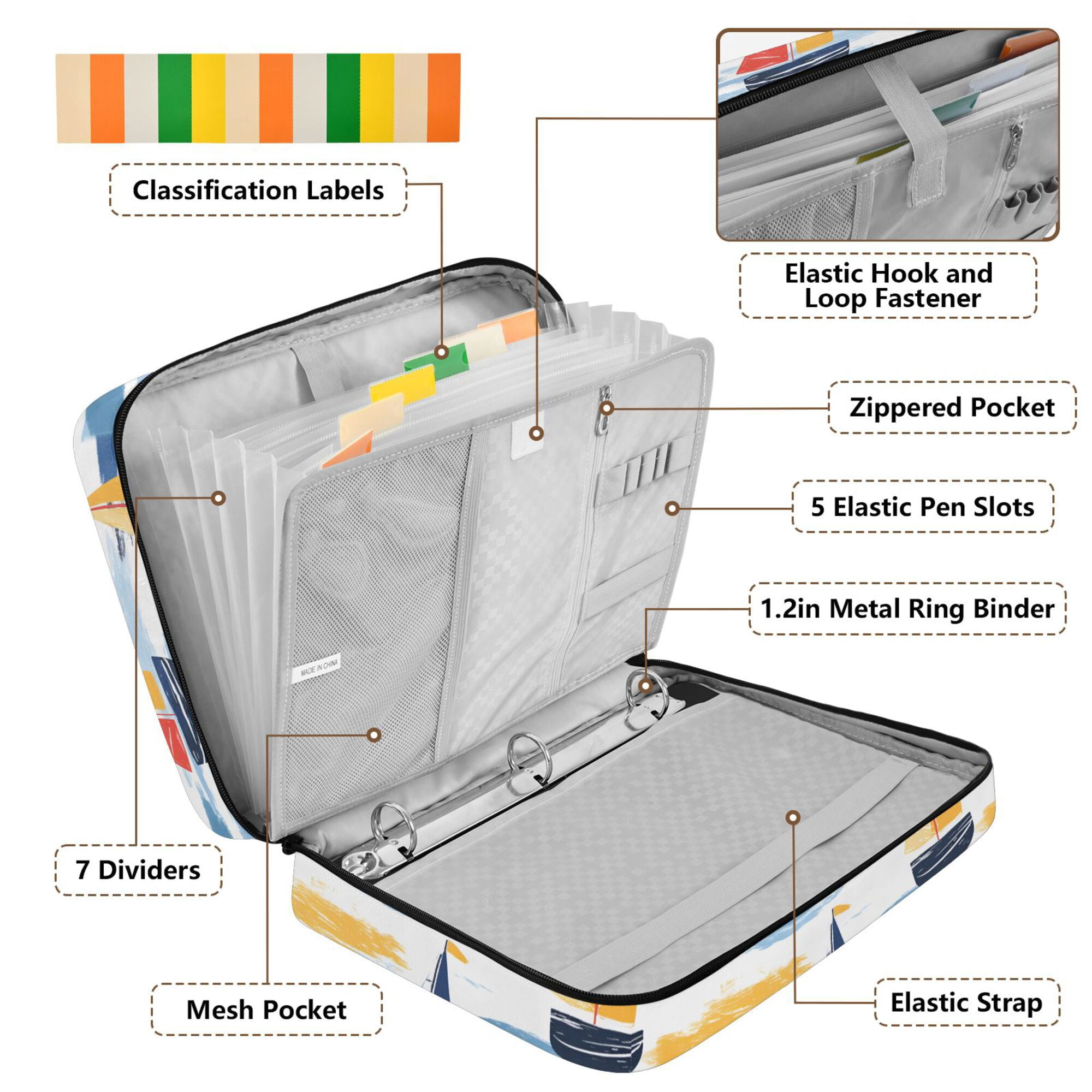 FORMRS Accordion File Folder A4 Size 7-Pocket Expanding Document Organizer Bag with 3 Ring Binder, Orange Hand Drawn Sailboats